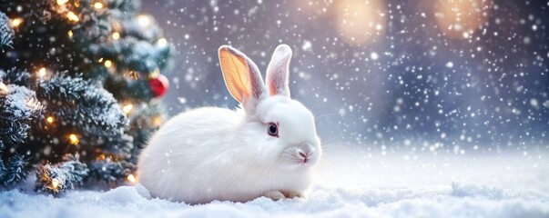 White rabbit resting under christmas tree in snowfall