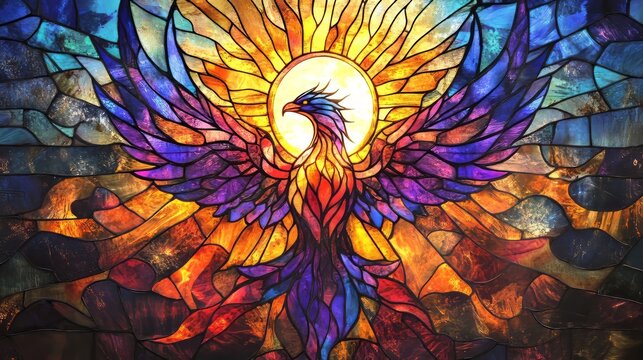 Stained glass phoenix with outstretched wings
