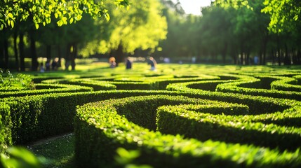 A lush green garden maze in bright sunlight.