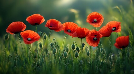 Obraz premium Bright red poppies blooming in green meadow, wildflowers in the field, summer landscape, Generative AI