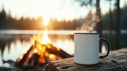 A warm mug of coffee emanates steam beside a glowing campfire, amidst a tranquil forest and lake setting, inviting calm and introspection at sunrise.