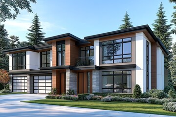 3D rendering of two-storey townhouses with a modern exterior design in Vancouver