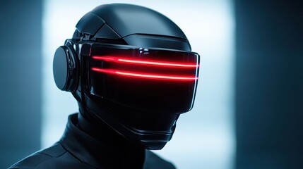 A mysterious person in dark clothing wears a full-face helmet with bright red LED lights, capturing a futuristic, sci-fi aesthetic under a soft ambient light.