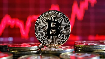 Close-up of Bitcoin tokens set against a red declining graph, reflecting the volatile nature of digital currencies and investment trends during uncertain financial times.