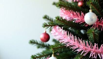 Pink and white glittery garland wrapped around a Christmas tree, festive, white, glittery