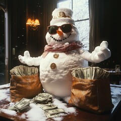 Snowman with money bags and sunglasses