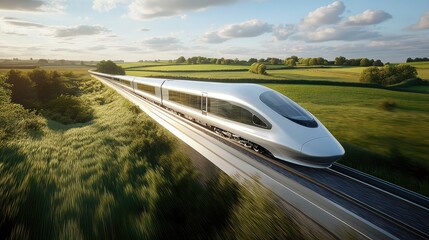 Fototapeta premium A modern high-speed train speeding across a rural landscape, with blurred motion and lush green fields in the background