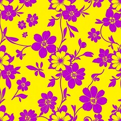 Vibrant Floral Pattern: A seamless, repeating design featuring delicate purple flowers and leaves on a bright yellow background.