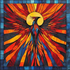Fototapeta premium Stained glass mythical bird with sun and rays