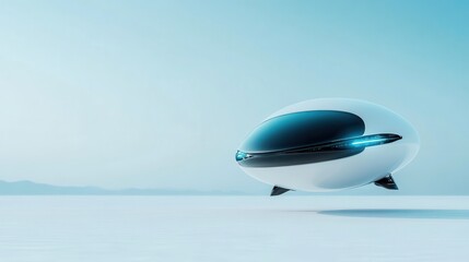 The futuristic pod, resembling a sleek and rounded design, hovers silently over a serene and minimalist landscape, symbolizing innovation and tranquility in technology.
