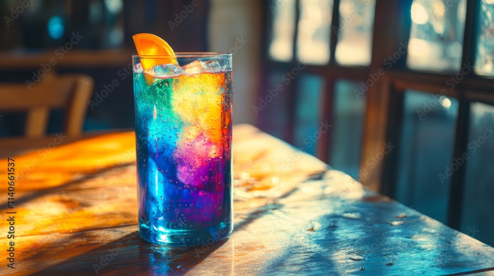 Poster Colorful Refreshing Drink with Ice and Orange Slice on Table