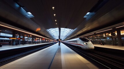 A modern high-speed train station with eco-friendly features, such as green roofs and energy-efficient lighting, complementing sleek design