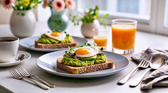Cozy breakfast table in near the window served with fruits, sandwiches and fried eegs and another healthy food