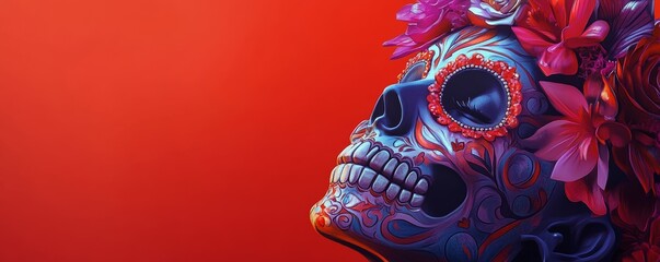 Fototapeta premium Sugar skull decorated with flowers for day of the dead celebration