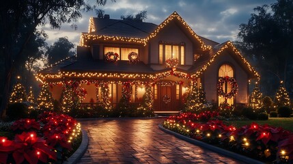 Obraz premium A holiday-themed house glowing with warm lights, poinsettias blooming vibrantly around the front yard, festive garlands and bows adorning the walls, serene evening glow, inviting and magical,