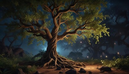 Fototapeta premium Roots and branches intertwined with vines and foliage under a canopy of stars, branches, tree, tree branches