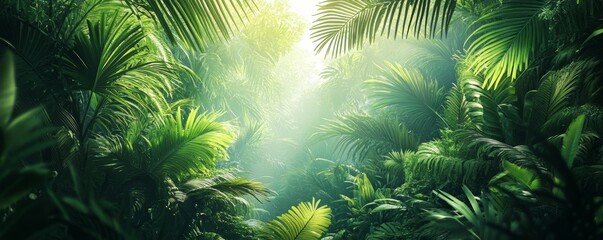 Green jungle canopy, sunlight filtering through leaves, tropical nature scene, Generative AI