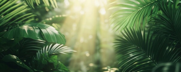 Green jungle canopy, sunlight filtering through leaves, tropical nature scene, Generative AI