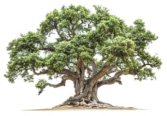 Beautiful oak tree with green leaves on a white background