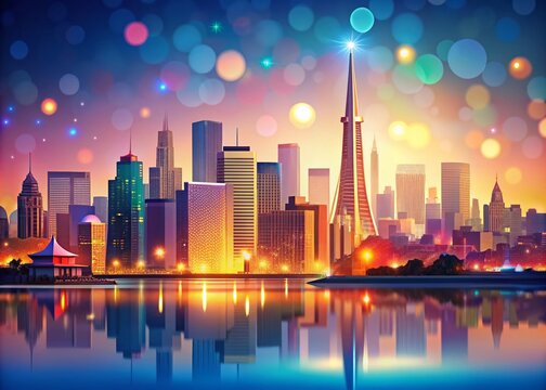 San Francisco Skyline Illustration: Linear Cityscape Bokeh Art, Famous Landmarks, Architecture, Cityscape, Panoramic View