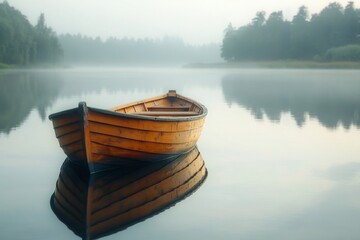Obraz premium Old wooden boat floating on calm lake, reflection of trees in water, peaceful morning scene, Generative AI
