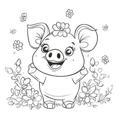 Cute pig character among flowers in a children&rsquo;s coloring book design suitable for creative young artists