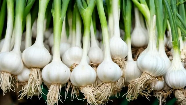 Fresh garlic on market table closeup photo. Vitamin healthy food spice. Spicy cooking ingredient. Pile of white garlic heads with green stems. Background of fresh garlic bulbs. Bunch garlic heap
