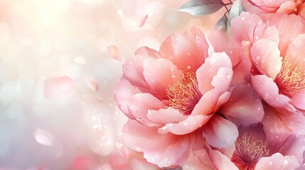 Pink peony flowers in full bloom, lush petals, soft pastel background, floral banner, Generative AI