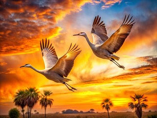 Naklejka premium Sarasota Sunset: Sandhill Crane Flight - Florida Wildlife Photography