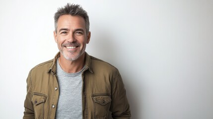 Fototapeta premium Portrait of a middle-aged man with a casual outfit, showing confidence and a friendly smile, against a white backdrop.