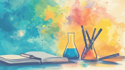A colorful scene featuring a book, beakers, and pens, symbolizing science and creativity.