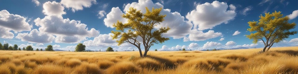 Fototapeta premium Serene meadow landscape with golden grasses and trees against a brilliant blue sky with fluffy white clouds , blue sky, clouds, trees
