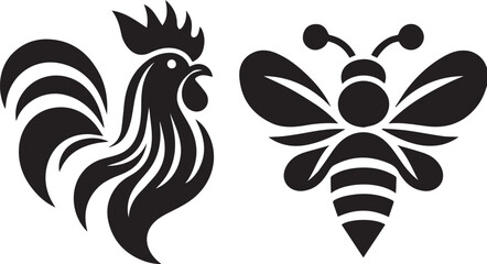 Rooster and bee vector of silhouette art of illustration