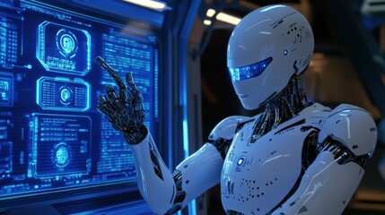 a humanoid robot interacts with a digital display