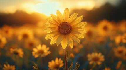 A vibrant sunflower stands tall in a field during sunset, symbolizing beauty and nature.