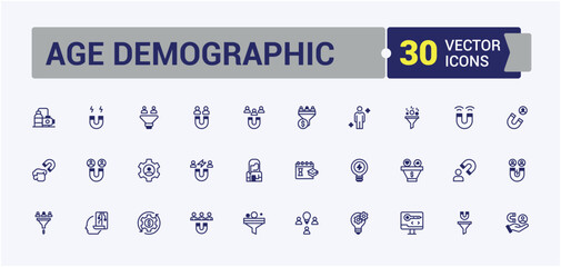 Age Demographic icons set. Contains related to childhood, rate, grow, people, person, lead, young, girl. Outline icon. Solid line editable stroke.