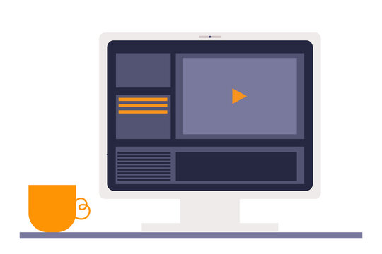 Modern computer screen illustration with open video player, animation program, and graphics. Perfect for online media, motion design, streaming, user interface, technology and digital content concepts