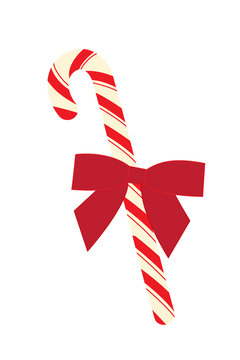 Beautiful red and white candy cane with a bow, ribbon on isolated background. Perfect for seasonal themes, Christmas cards, or festive advertising.