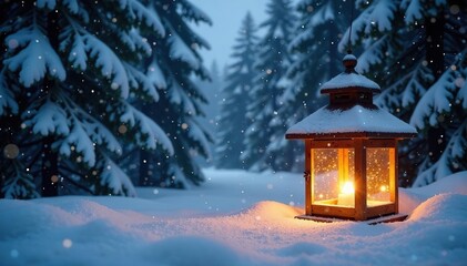 Snow-covered trees and a glowing wooden lantern, snow, light, glow