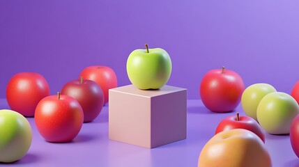 Cube shaped apple between the normal apples on purple background