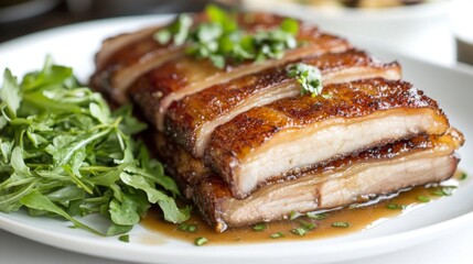 Crispy Pork Belly Served with Fresh Greens and Garnish on Plate