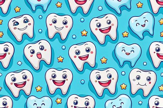 Seamless Dental Pattern: Merry Teeth Children's Illustration Blue Background