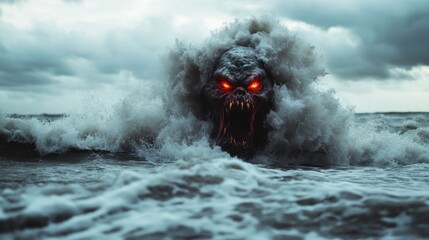 A fearsome sea monster emerges from stormy ocean waves, its eyes glowing and mouth open wide. Dark clouds churn in the background, intensifying the ominous atmosphere.