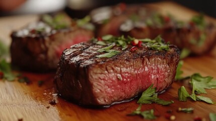 Juicy Grilled Steak with Fresh Herbs on Wooden Cutting Board