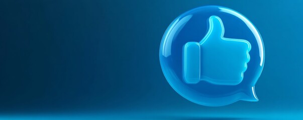 Obraz premium Thumbs up symbol floating in a blue speech bubble: approving social media feedback