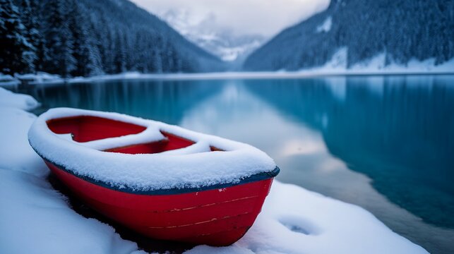 Snowy red rowboat on a tranquil, snow-covered lake shore with mountain backdrop.
