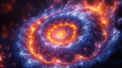 Fototapeta premium Fiery cosmic swirl, nebula with blue and orange flames, swirling galaxy.