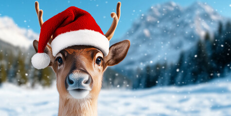 Festive Reindeer in Santa's Hat with Snowy Mountain Background