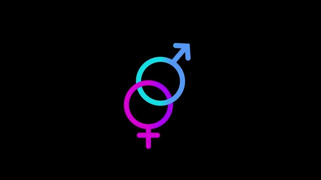 Male female intertwined gender symbols vibrant blue purple hues black background. unity equality, gender diversity, inclusivity, relationships. modern, progressive concepts of gender identity harmony - Powered by Adobe