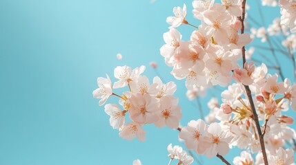 Fototapeta premium White cherry blossoms against bright blue sky, delicate spring flowers, wide banner, Generative AI